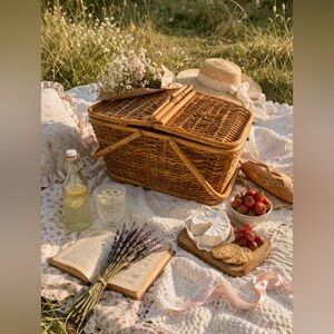 Vintage Wicker Picnic Basket 1950s Cottagecore Irish Hamper Farmhouse Decor